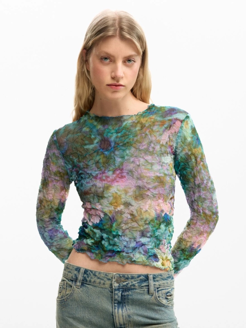 NWOT Desigual Women’s Blouse Texture Flowers Long-Sleeved Round-Neck Size Large